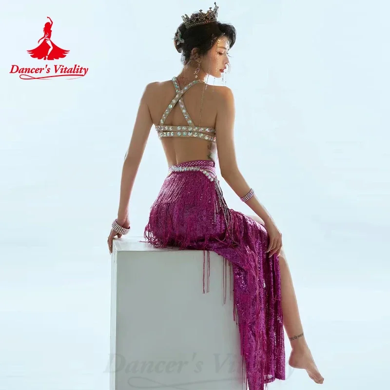 Trajes de dança do ventre personalizados para mulheres Strass de luxo vestido dividido sem encosto sexy Trajes de desempenho de dança oriental