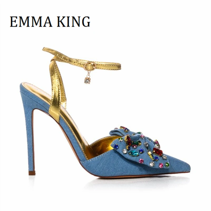 Women Embellished Bow Denim Pumps Pointy Toe Stiletto Heels Ankle Buckle Slingback Pumps Colorful Rhinestone Wedding Party Shoes