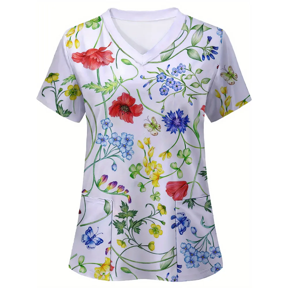 Women\'s Nurse Uniform Floral 3d Print Tops V-Neck Pocket Medical Uniforms Nursing Scrubs Tops Working Clothes Uniforme Enfermera