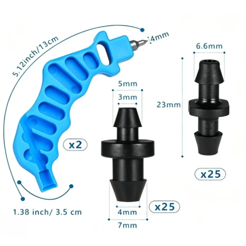 1/4 inch Drip Irrigation Puncher Set 52 pcs Includes 2 Punch Tools 25 Barbed Connectors 25 Spikes for Small Scale Farming