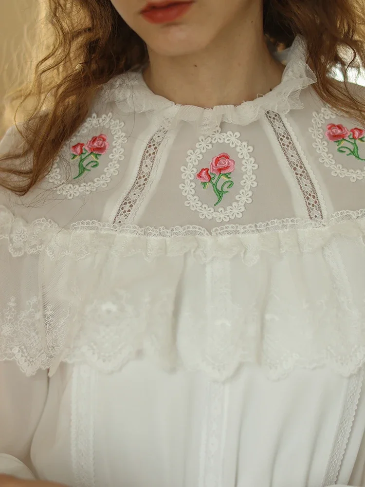 86-96cm Bust Spring Summer White Dress Women Victorian Vintage Elegant Slim Flower Embroidery Mini Dress Long Sleeve Short Dress