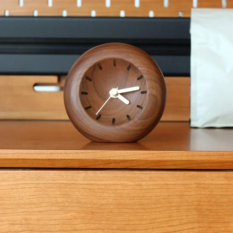 Silent Desk Clock Black Walnut Timepiece Circular Creative Watch for Bedroom Unique Decorative Table Clock for Home Office