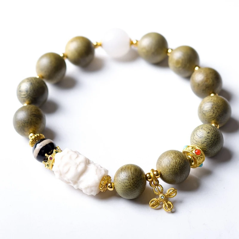 Original Design Green Agarwood Single-Strand Bracelet Antique Root-Style Pendant Green Tara Tianshan Jade Chinese-Style Bracelet