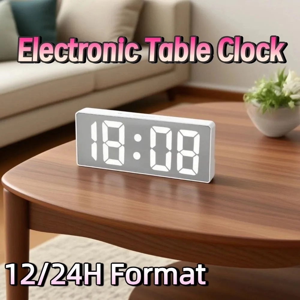 12/24H Format Digital Alarm Clock Temperature Display Luminous Mirror LED Digital Clock Large Screen Snooze Mode Sleep Timer