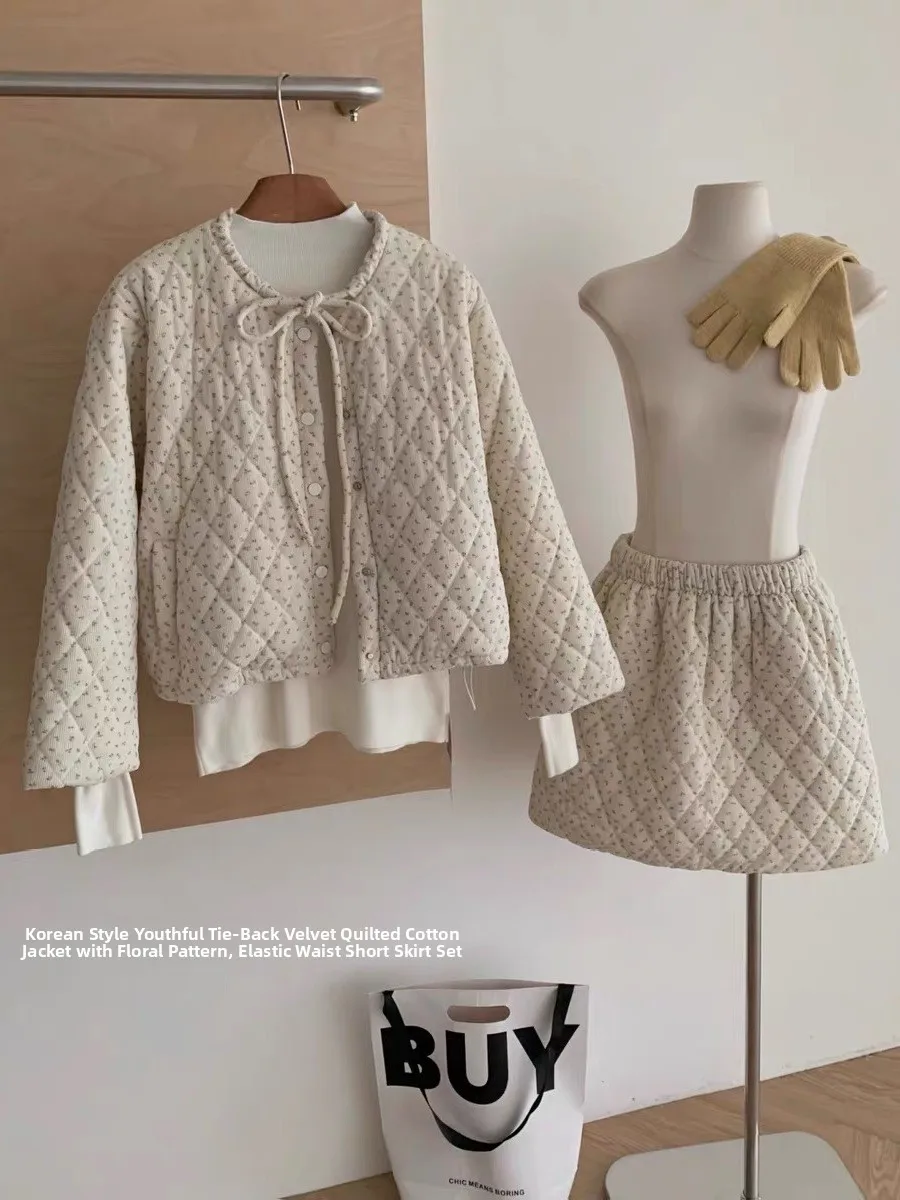 

Korean Sle Sweet Floral Cotton Jaet And Skirt Set Women's Winter Faion Outerwear Cute ort Skirt Ensemble