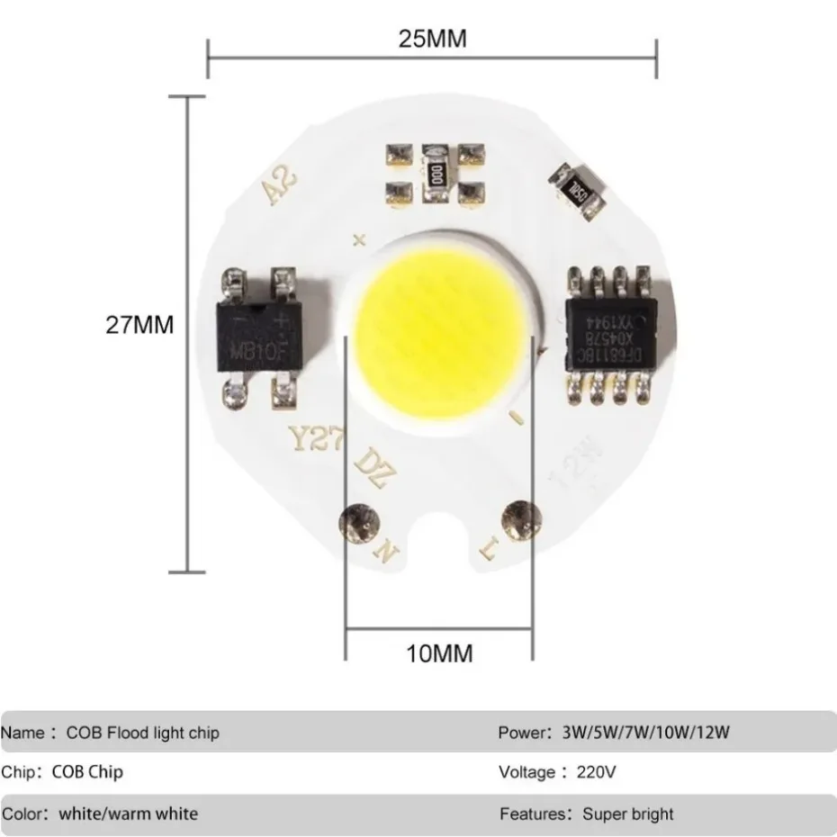 LED COB Chip Lamp para luz de inundação, Smart IC, sem necessidade de driver, frio branco quente, 220V, Y27, 3W, 5W, 7W, 9W, 10W, 12W