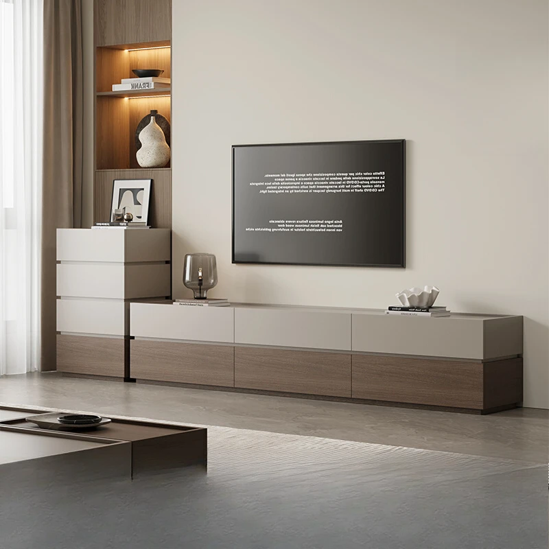 Massief houten tv-meubel Moderne eenvoudige opbergkast in de woonkamer Geïntegreerde combinatie Achtergrondwandkast Kleur bijpassende flo