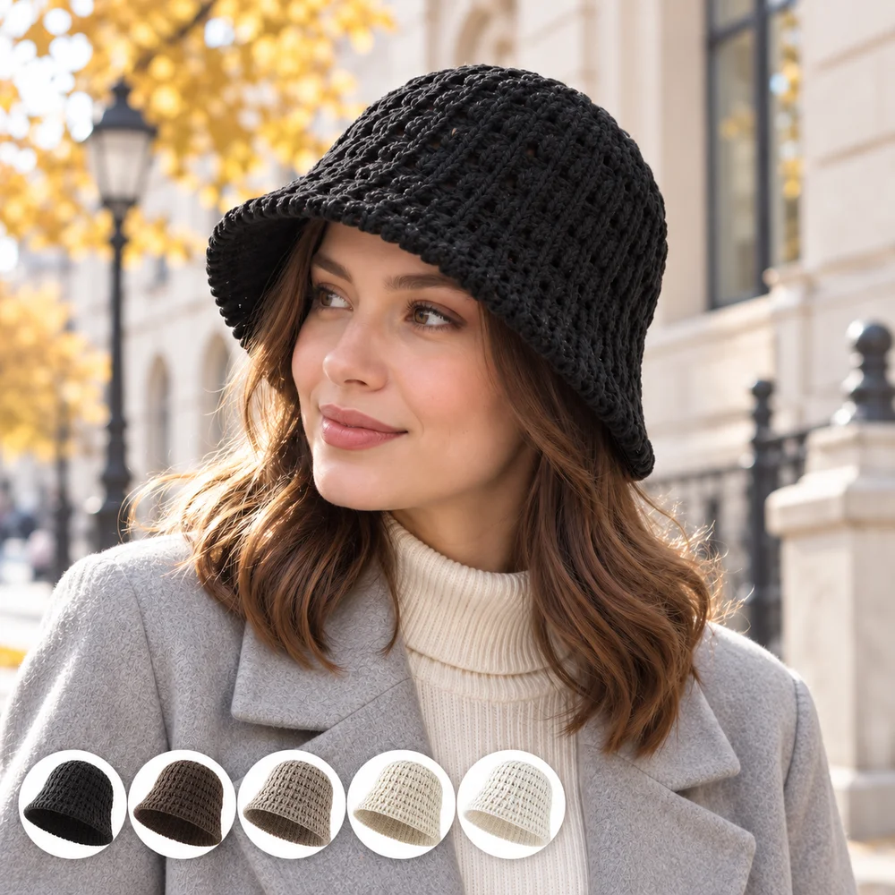Women Knit Cloche Hat Openwork Short Brim Bucket Cap Soft Lightweight Casual Autumn Winter Outdoor Accessory