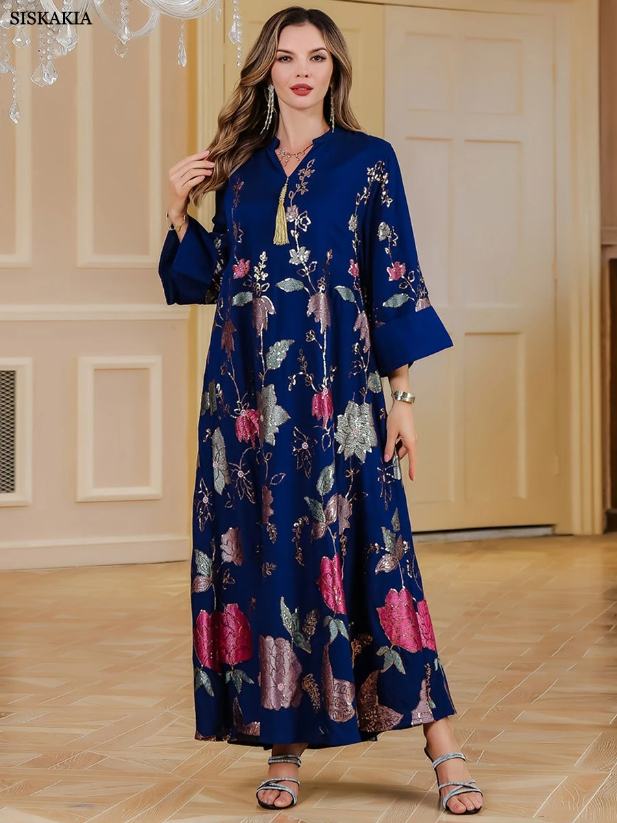 Siskakia Ramadan Dubai Embroidery Maxi Dresses Sequins Patchwork Abaya Muslim Tassel Caftan Marocain Femme