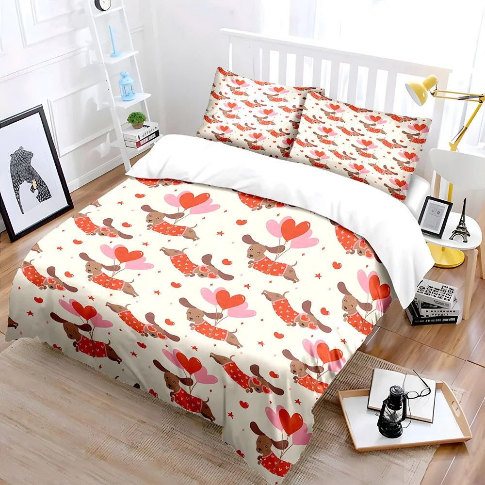 Cute dachshund and heart-shaped balloons Bedding Set for Kids Luxury Gift 3pcs Digital Print Comforter Set Soft Comfortable