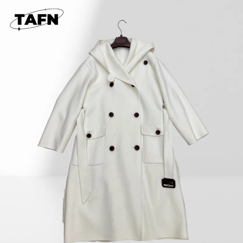 

100% Wool Trench Jacket with Belted Waist Women's Longline Jacket with Adjustable Waist Solid Color Spring Overcoat AI1588