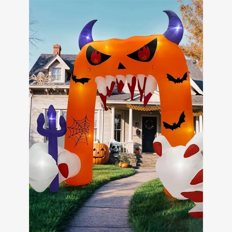 Halloween Demon Pumpkin Inflatable Arch, Festive Atmosphere Ornament, Waterproof Outdoor Garden Yard Holiday Party Decoration