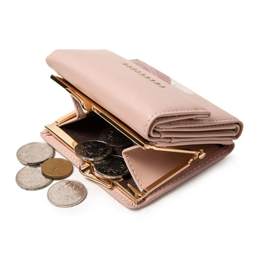 Dompet koin PU ขนาดเล็กพับสามทบกระเป๋าใส่เงินลายดอกไม้กระเป๋าเก็บบัตรสำหรับนักเรียนหญิง