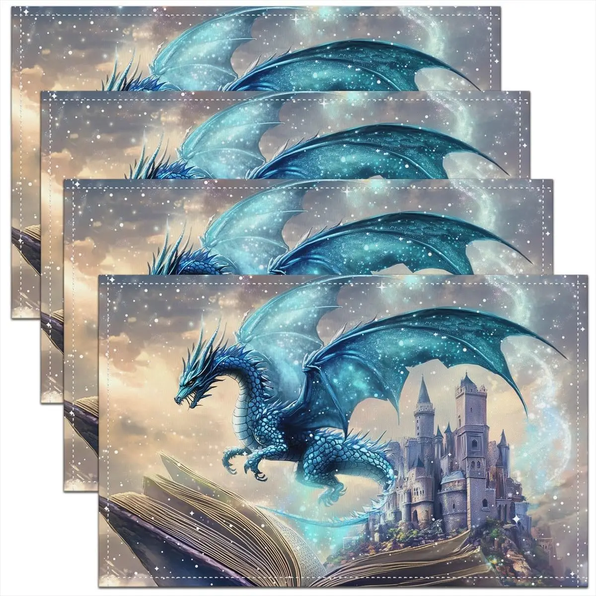 

Коврики для столовых приборов с драконом, 12x18 дюймов, набор из 4 водонепроницаемых салфеток с забавным фэнтезийным рисунком книг, протираемые салфетки с замком середины века
