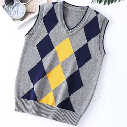 New Spring Boys School Uniform Vest Diamond Pattern Design Kids Knitted V-Neck Waistcoat For Children Age 5-15 Years Pullovers