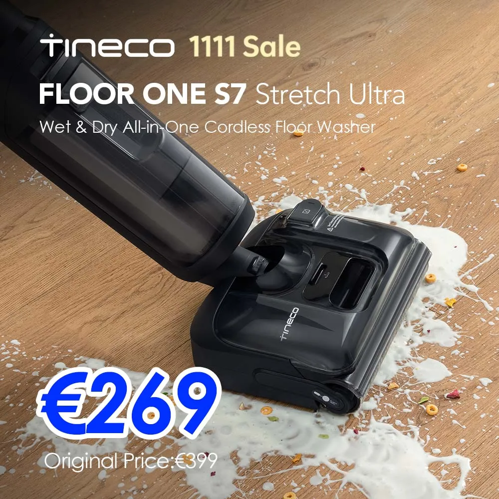 Tineco Floor One S7 Stretch Ultra nat- en droogzuiger, 180 °     Lay-Flat natstofzuiger, 8
