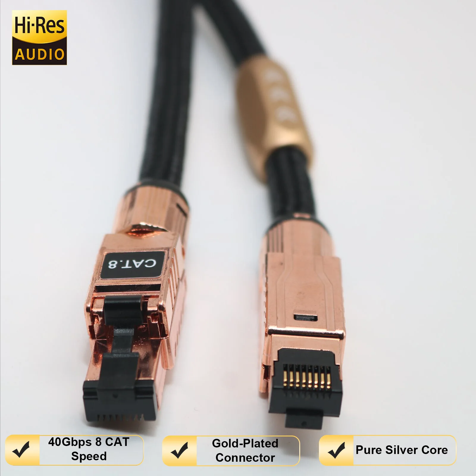 CAT.8 40Gbps Hochgeschwindigkeits-Netzwerkkabel RJ45 7mm 8-adrig 99,999% 5N Reines Silber 15AWG Doppelschicht Geflochtenes Folienabschirmkabel – Detail 4