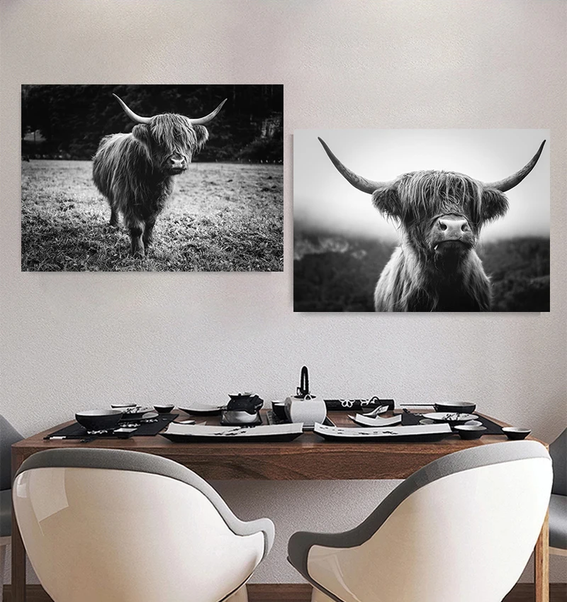 Animal Highland Cow Scottish Highland Cow Cattle Art Posters Canvas Painting Black White Wall Prints Pictures Room Home Decor