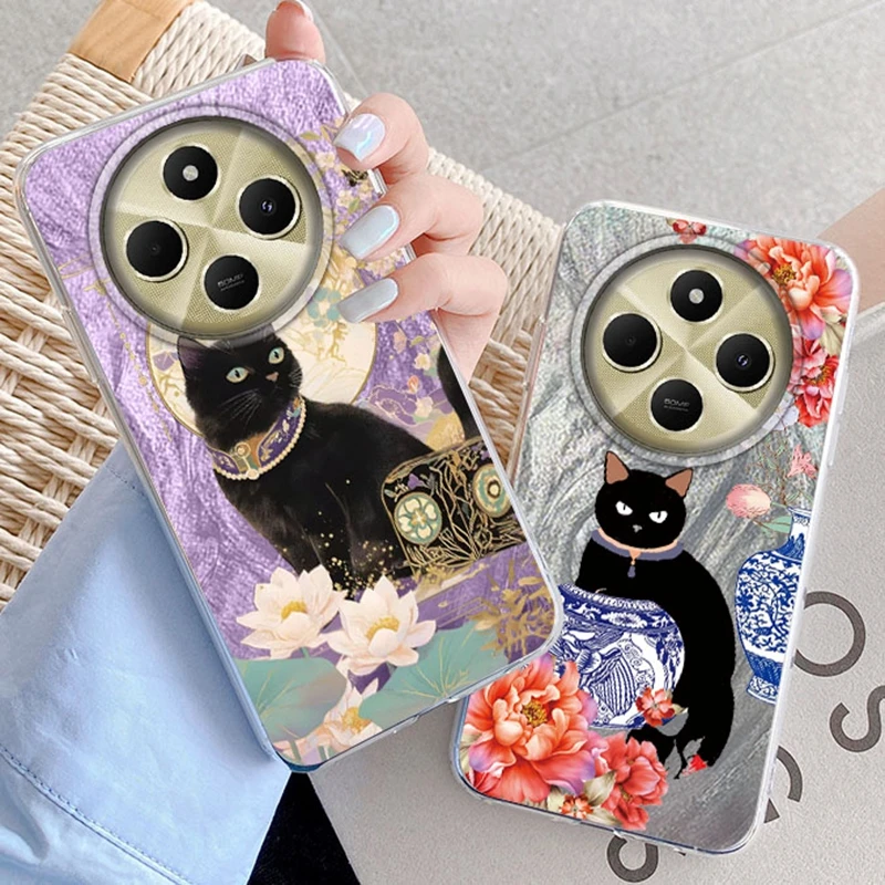 Cute Cat Flowers Girls Phone Case For Xiaomi Redmi 14C 13C Note 14 13 12 11 10 10S Pro Plus A5 A4 A3 A2 A1 Silicone Fundas Cover
