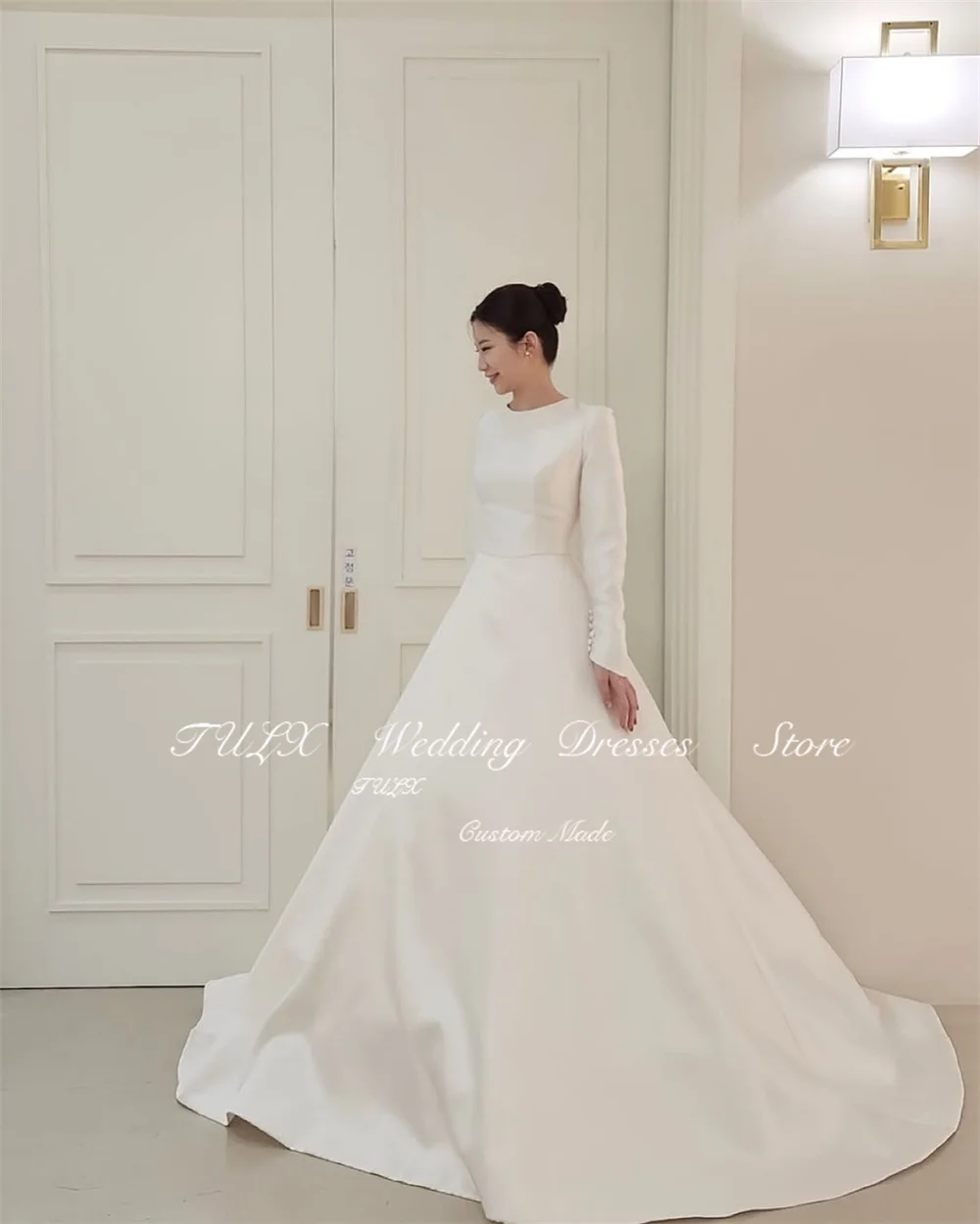 TULX Elegant Ivory Satin Corset Wedding Dress Korea Photo Shoot O Neck Long Sleeve Bridal Gowns Floor Length 웨딩드레스 Customized