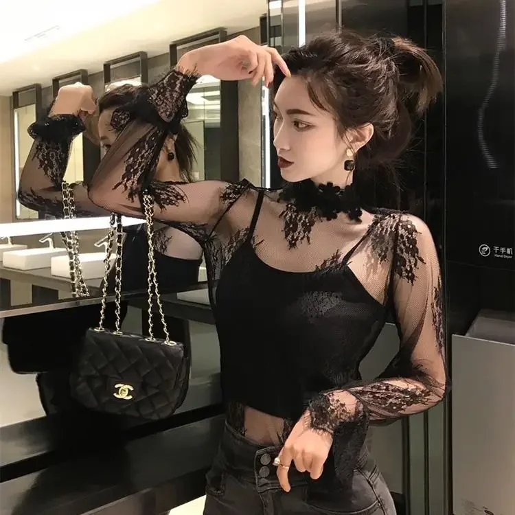 Women Blouse Lace Mesh Women's Autumn Micro Transparent Hollow Sexy Long Sleeve Turtleneck Top Women Blouse Shirts Ropa De Mujer