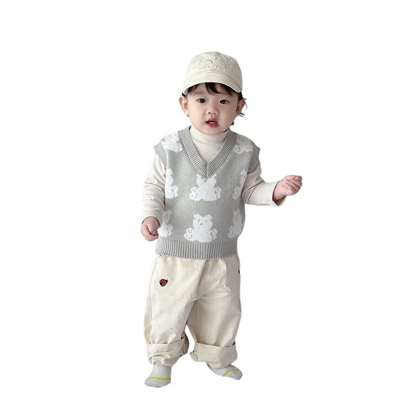 Children Clothing Boys Fashion Casual Korean Style Sweater Vest 2024 Autumn and Winter New Warm Knit Vest Boys Cartoon Cute Top