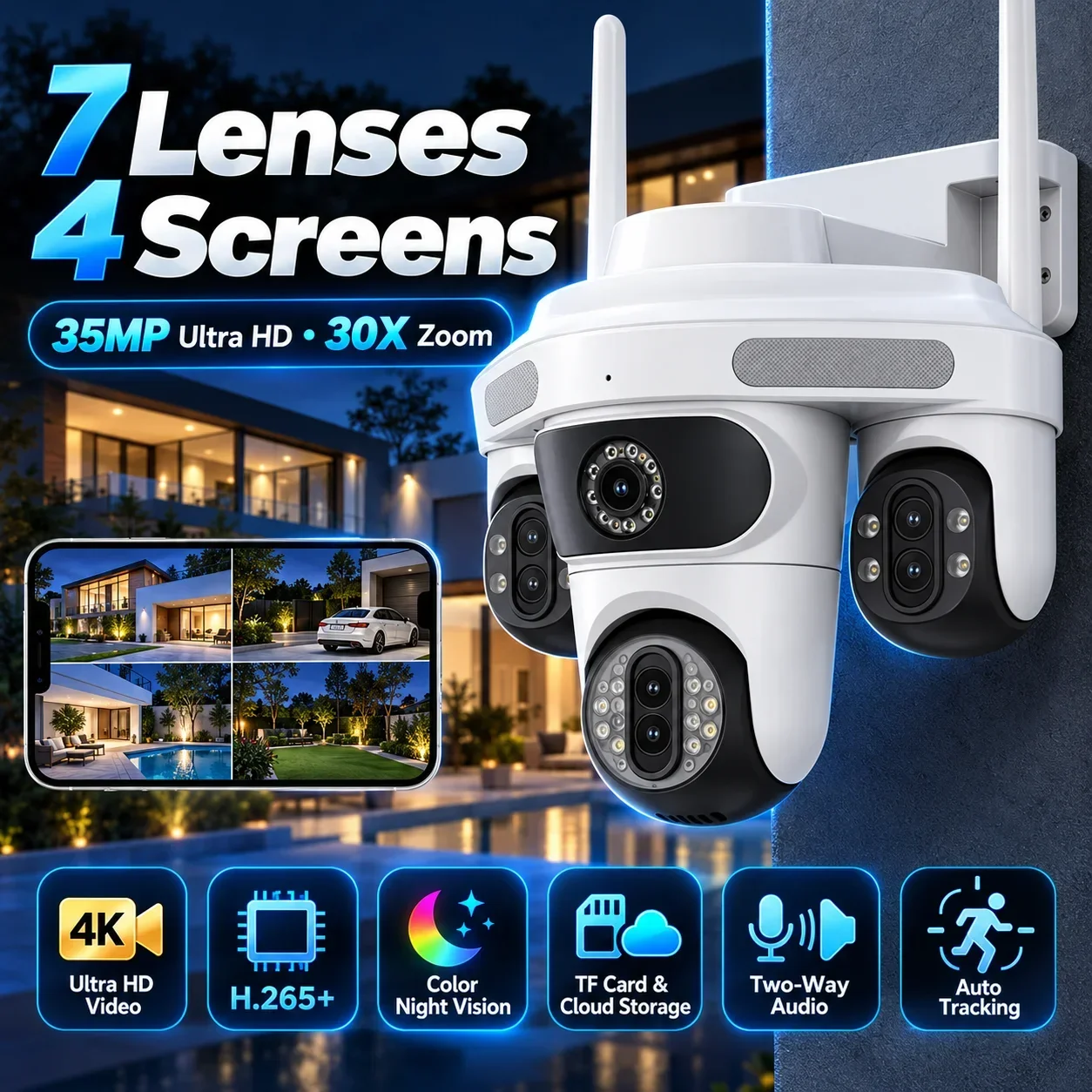 35MP 7 Lens WiFi Camera 10X Zoom CCTV 4 Screen Wireless Outdoor Surveillance Cam Auto Tracking PTZ Cameras WiFi Security Camera