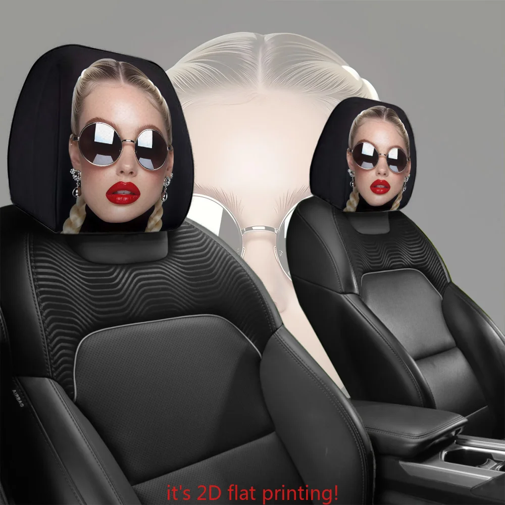 2pcs Lady with Fashion Glasses & Red Lips Printed Car Headrest Cover | No Filling Easy Install Washable Trendy Fashion Decor |