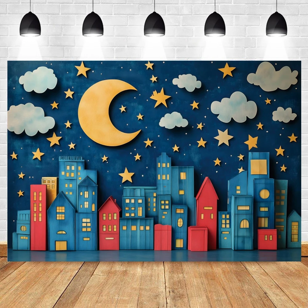 Baby 1st Birthday Party Backdrop Night City Bulidings Moon Stars Cake Smash Photography Background Wall Decor Photo Studio Props