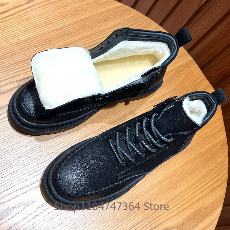 Men Genuine Leather Mid‑Top Winter Snow Boots Male Shoes Warm Wool Casual Outdoor Genuine Leather Work Ankle Boots Walking