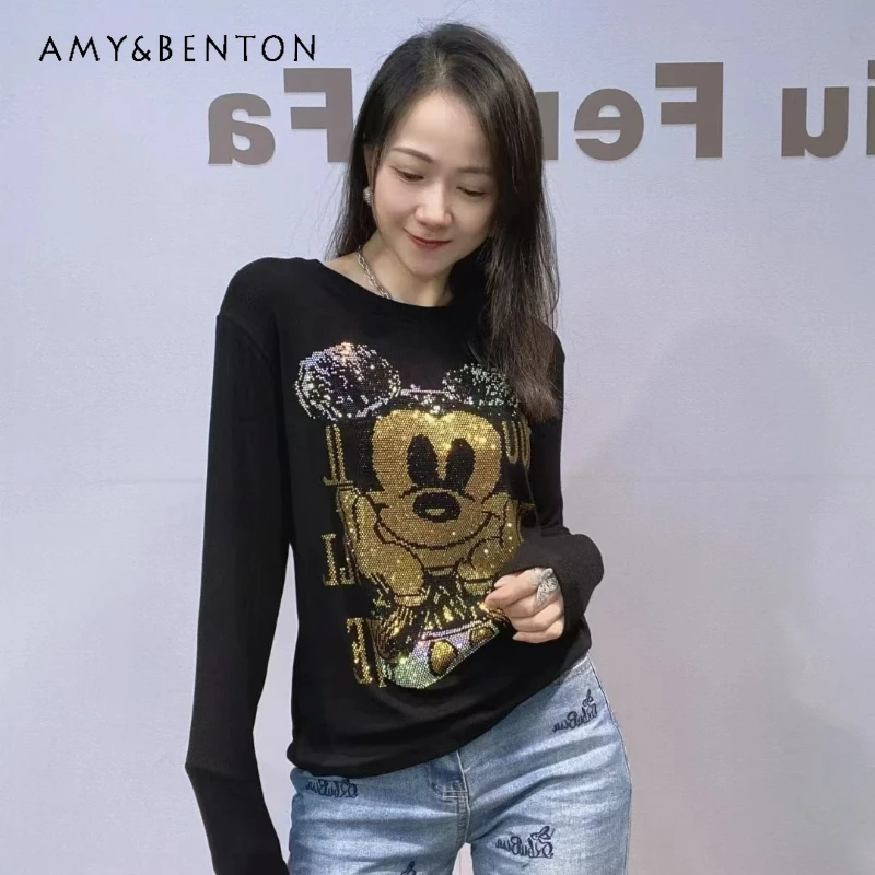 Populaire Lange Mouwen Innerlijke Slijtage Dieptepunt Shirt Dames Zwart O-hals Slim Fit Tees Zware Strass Kawaii Trui T-shirt Top