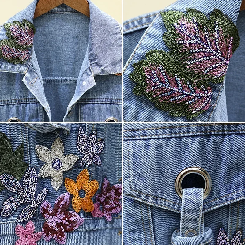 Jaqueta feminina de jeans bordado com lantejoulas, casaco feminino, curto, manga comprida, casaco feminino, primavera, outono, B377