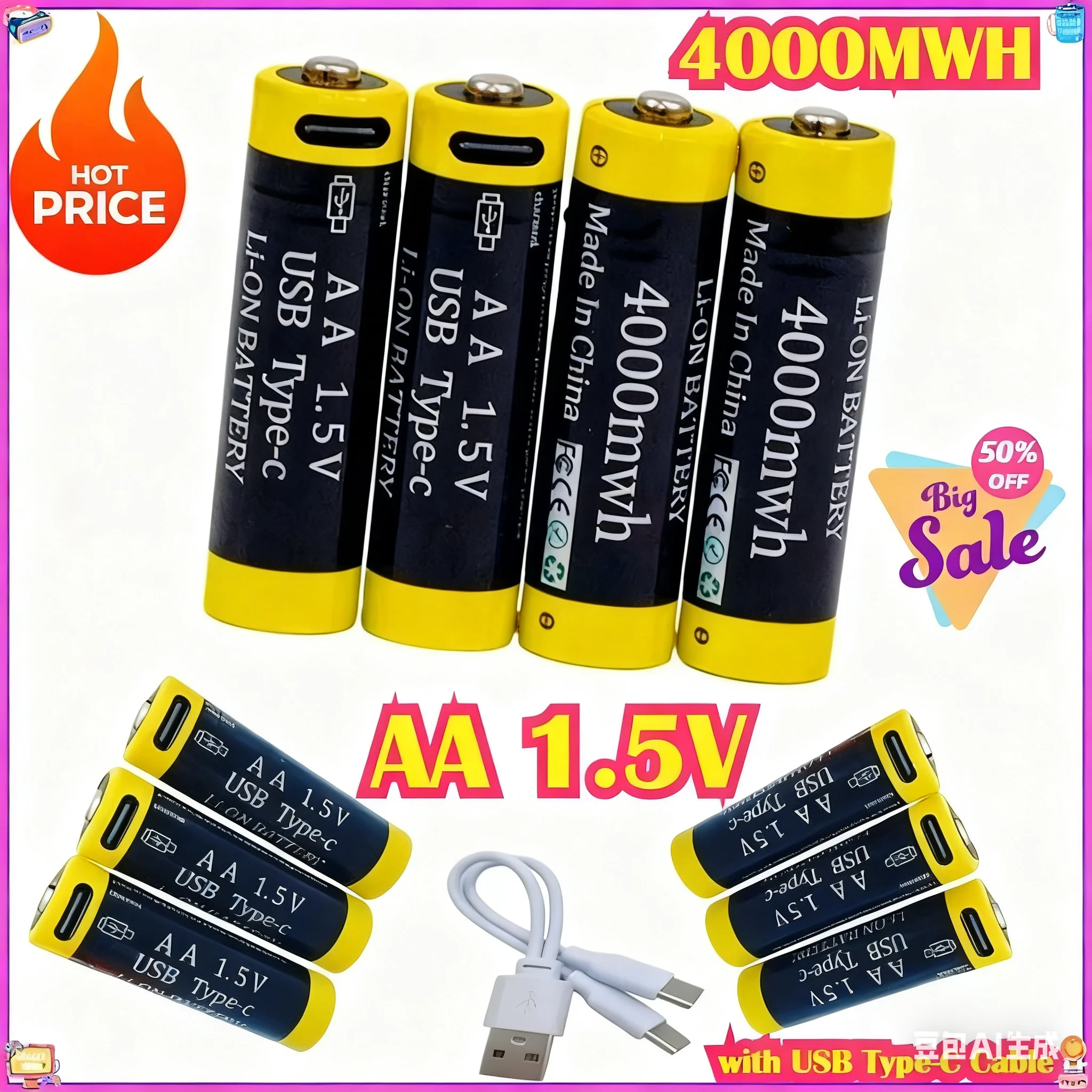 

Brand new AA lithium battery 1.5v 4000MWH rechargeable lithium ion battery for small fan battery with USB cable
