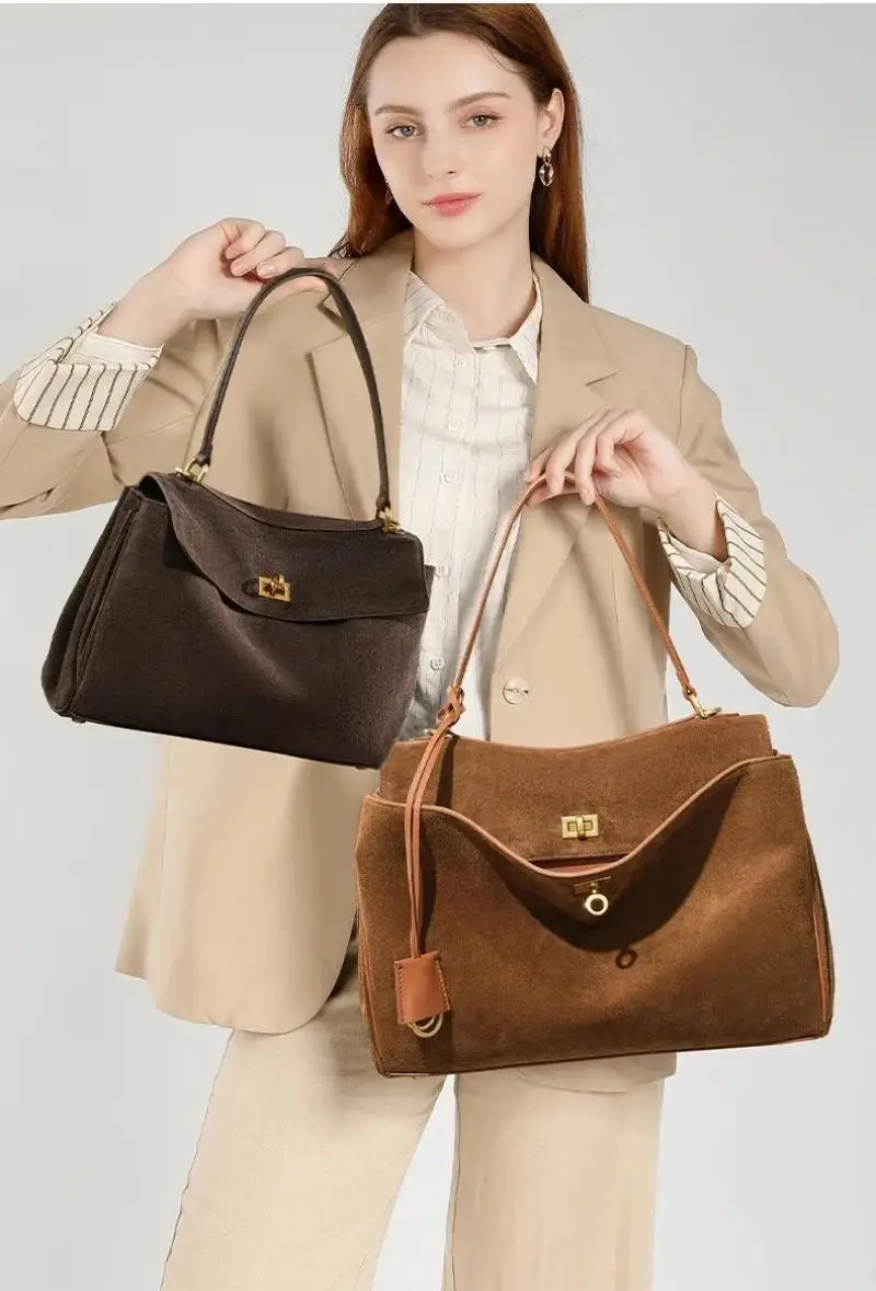

Retro Genuine Leather Tote Bag Ladies Elegant Handbags Rodeo Woman Shoulder Messenger Bag Suede Leather Handbag Gold Buckle Bags