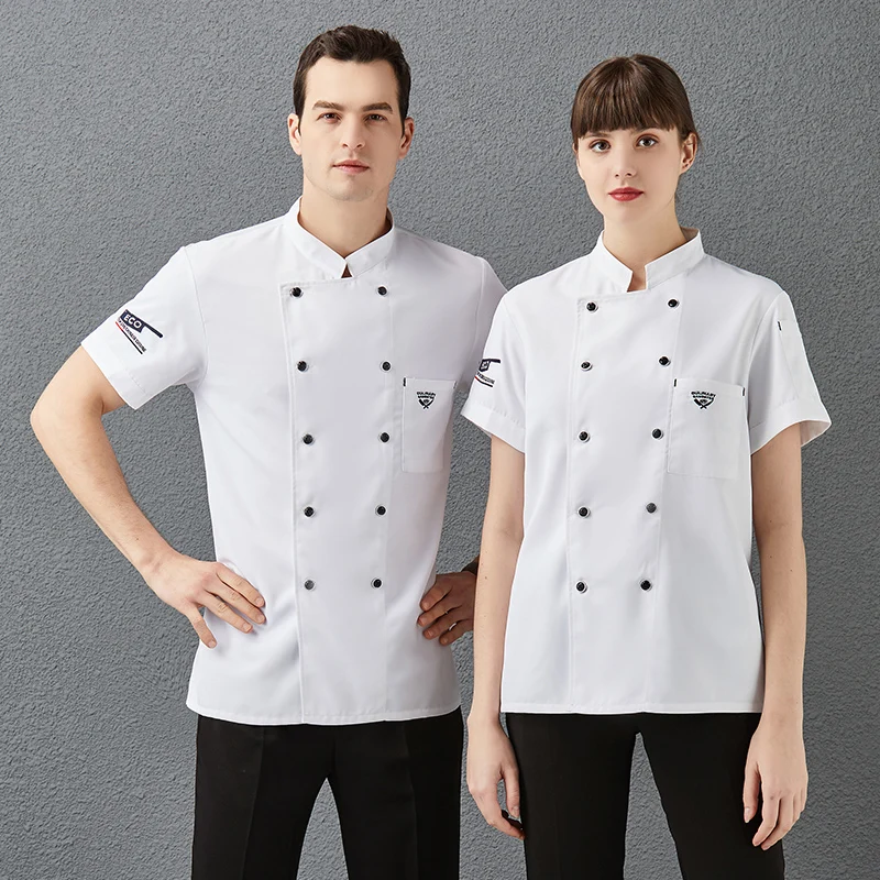 Veste de cuisine bleu pour Restaurant, hôtel, vêtements de travail pour Chef pour hommes et femmes, uniforme à manches courtes, Costume de cuisine d'été respirant