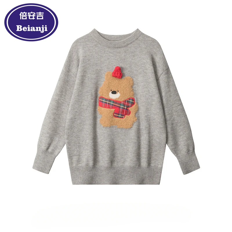 Beianji crewneck sweater American creative bear flocking men's winter casual lazy loose pullover sweater 2024