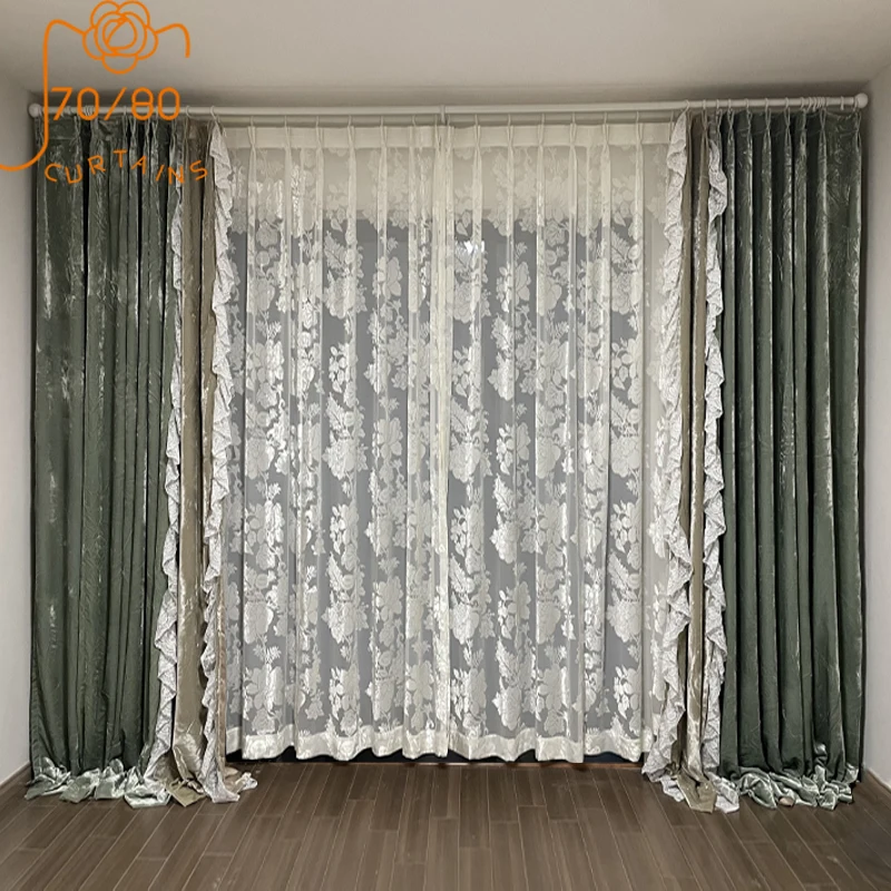 

French Romantic Velvet Thickened Lace Splicing Blackout Curtains for Living Room Bedroom Villa French Window Customized