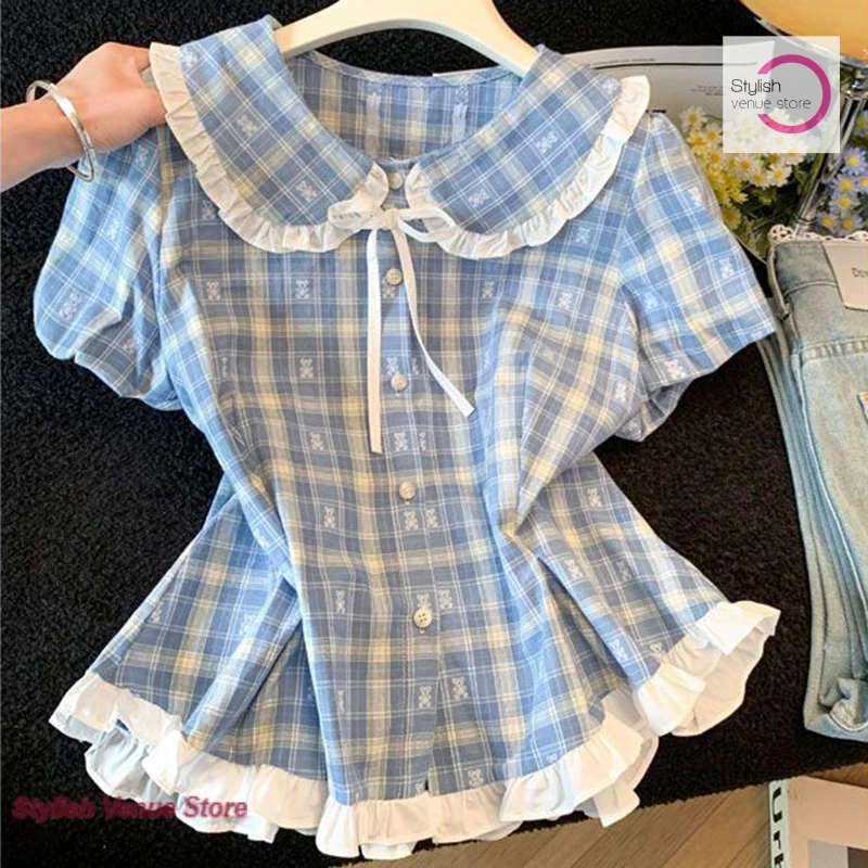 Korean style temperament sweet pink doll collar plaid shirt female summer new waist slimming lace casual short-sleeved shirt
