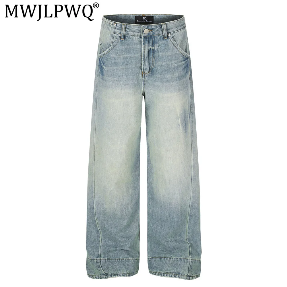 MWJLPWQ Washed Gradient Straight-Leg Jeans For Men Vintage Punk Street Style Distressed Edges Loose Wide-Leg Pants Fashion 20967