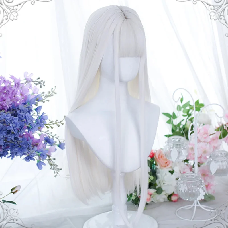 HOUYAN Long straight hair synthetic wig lady powder white bangs gray blue mixed color gradient cosplay lolita wig heat-resistant