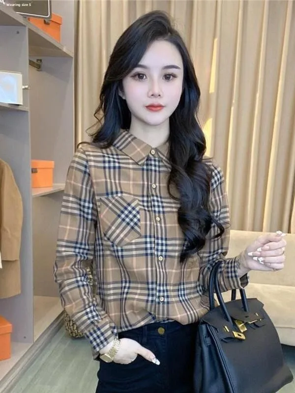 

Slim Fit Plaid irt Women's Long Sve Faionable Retro Hong Kong Sle Pure Cotton irt Collar Button up Casual Top