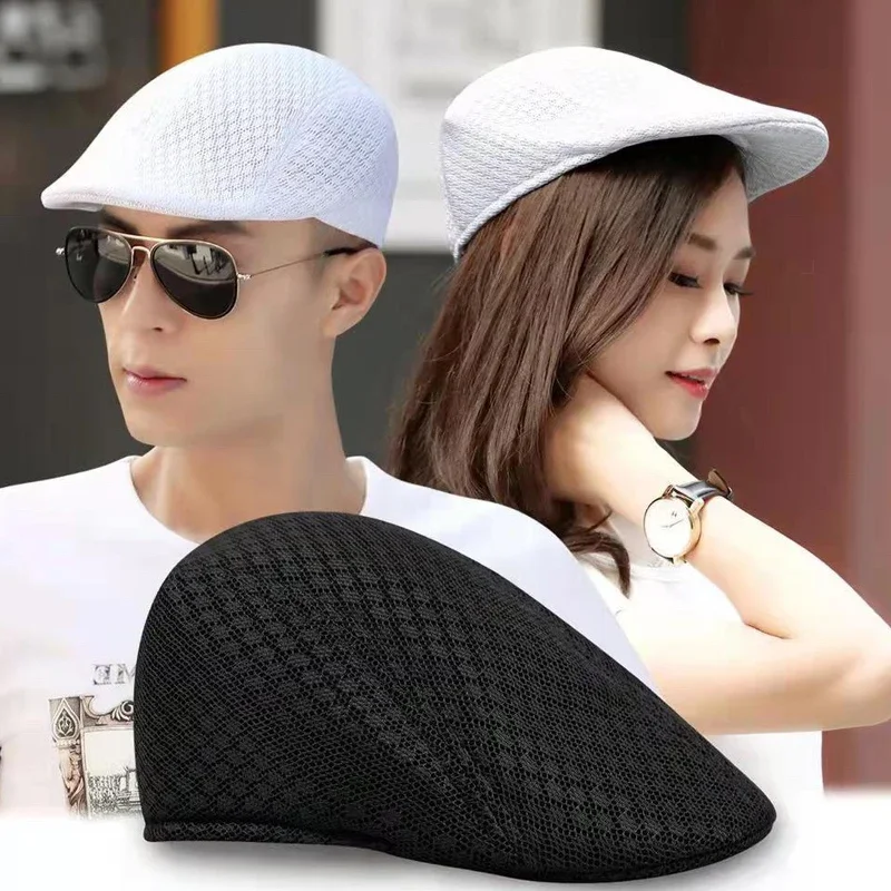 Men\'s Breathable Mesh Caps Women Casual Beret Hats Flat Cap Adjustable Flat Cap Style Gatsby Hat Peaked Summer Sun Hat