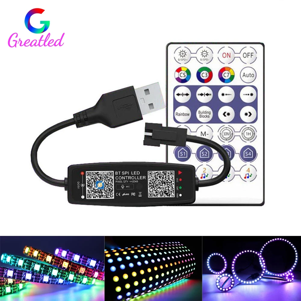 WS2811 WS2812B Bluetooth LED Controller Music Built-in MIC With Remote For SK6812 WS2812 Pixel LED Strip Light DC USB Plug