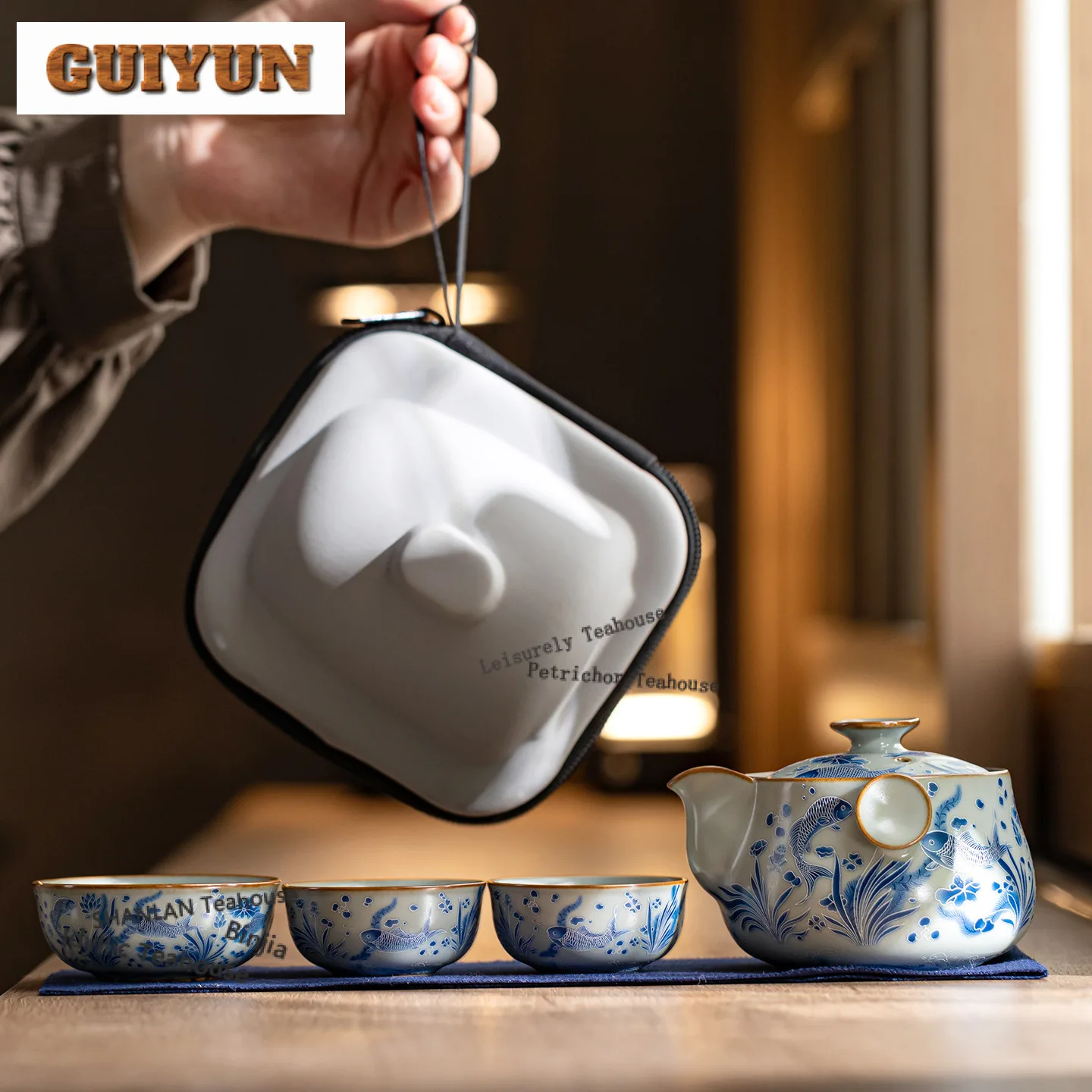 

Ru Kiln Hand Painted Fish Algae Pattern Travel Tea Set Kit Retro 1 Pot 3 Cups Tea Making Organizer Portable Outdoor Stock Bags