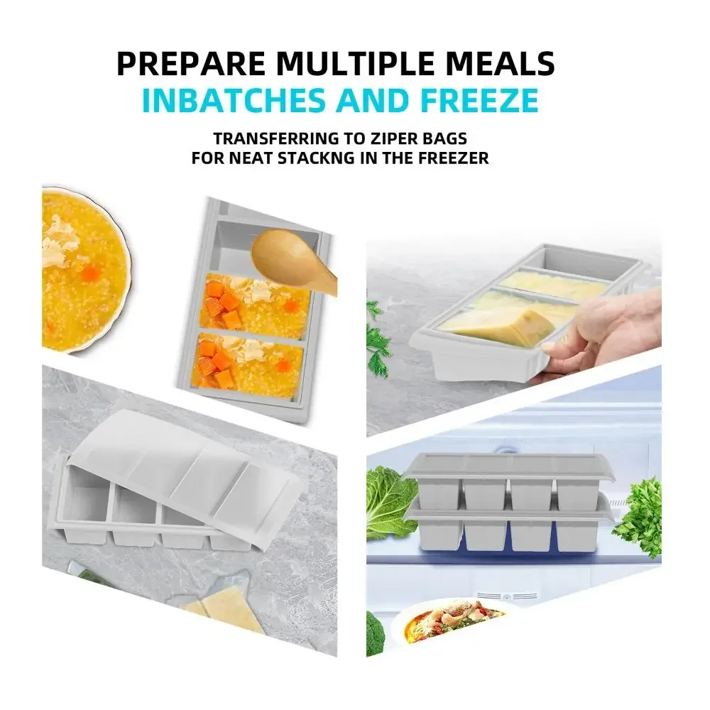 

New 3/4 Grids Ice Cube Mold with Lid Extra Large Food Freezing Molds Reusable Silicone Ice Mold