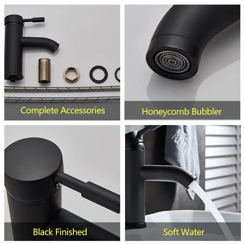 Matte Black Bathroom Faucet Minimalist Hot Cold Water Sink Mixer Tap Deck Mount Stainless Steel Basin Faucet Single Hole Tapware