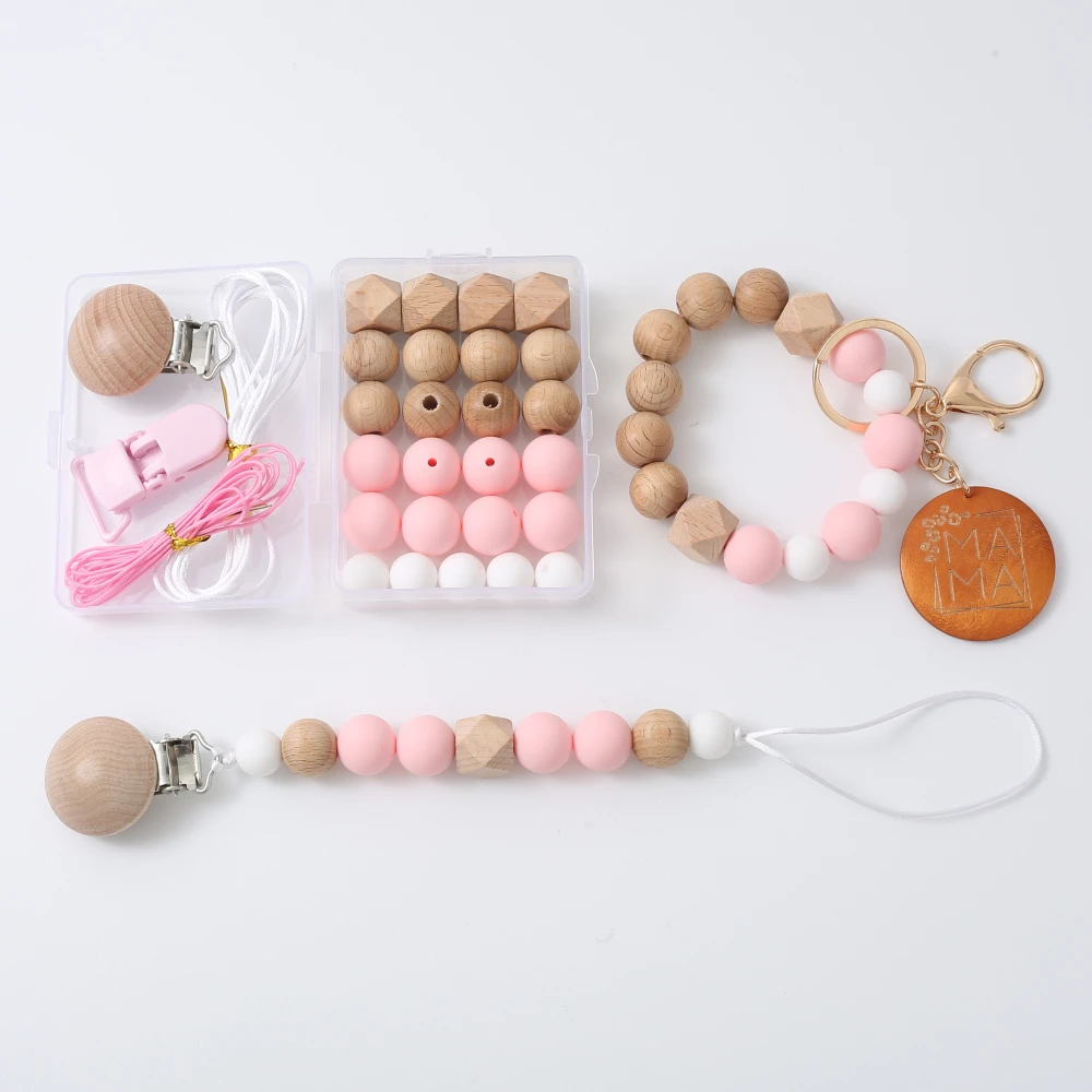 New Baby Pacifier Chain Clips Accessories Set for DIY Nipple Holder Silicone Beads Wooden Clips Teether  Chew Toy