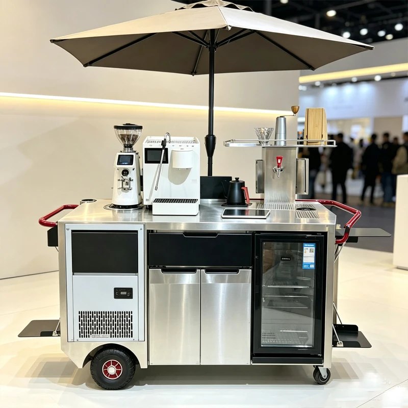 Mobile Coffee Serving Trolley Stainless Steel Coffee Cart With Storage Cabinets For Outdoor Pop Up Store Customized