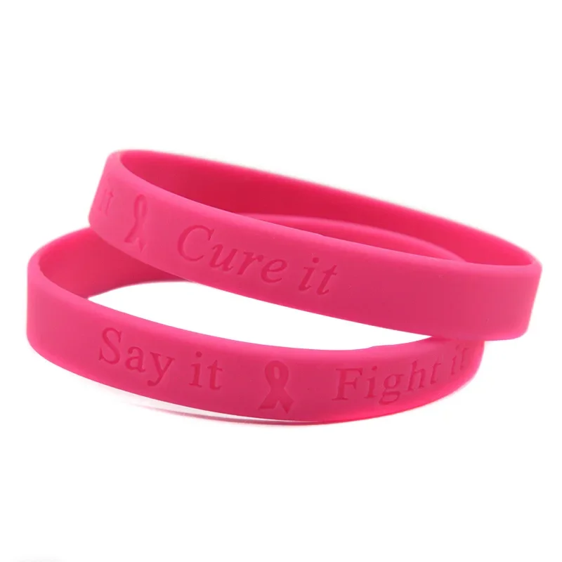 1PC/6PCS Debossed Say It Fight It Cure It Silicone Rubber Bangle Breast Cancer Awareness Wristband