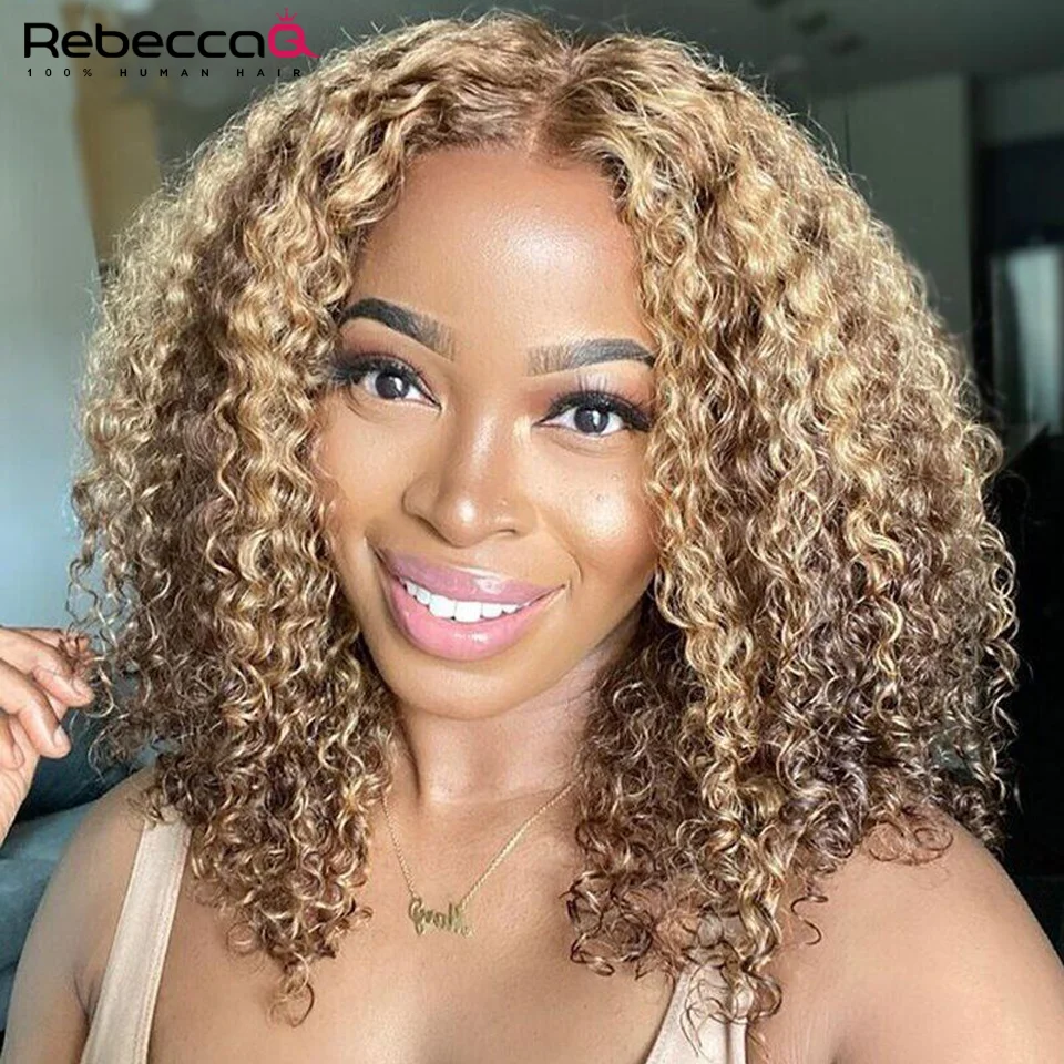 Highlight Short Curly Bob Wig 13x4x1 Lace Front Human Hair Wigs Pre Plucked P4/27 Colored  Short Deep Wave Wigs For Women